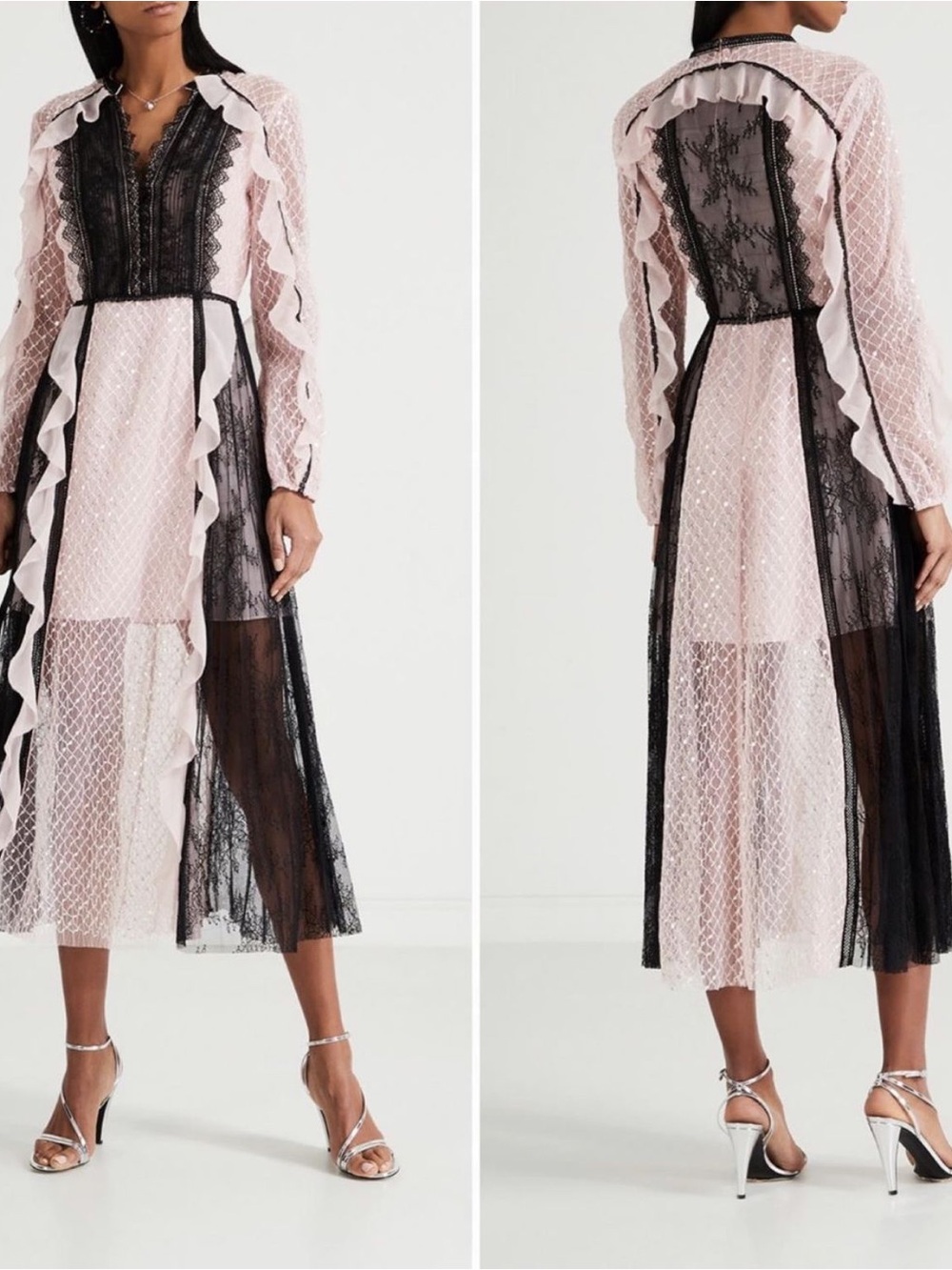 SELF-PORTRAIT Sequin Mesh & Lace Contrast Midi Dress LT PINK/BLACK SIZE:US 4